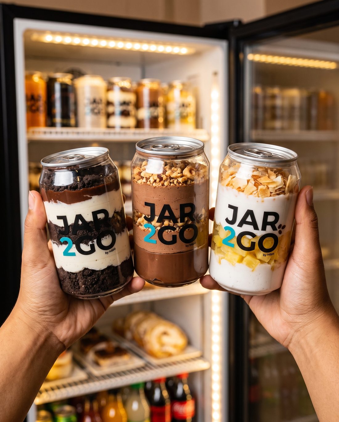 Tres latas JAR2GO frente a la vitrina